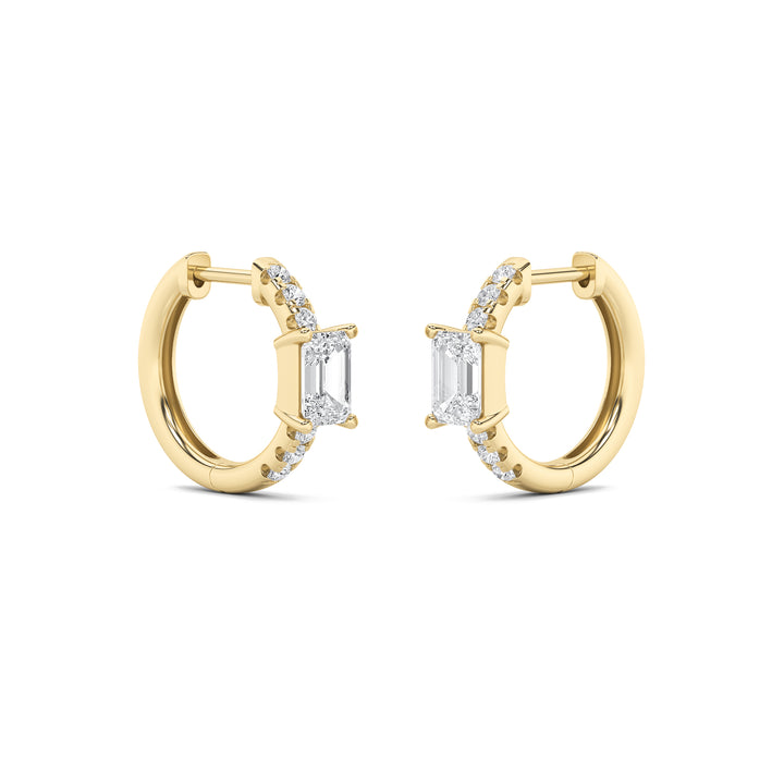 1.5CTW Emerald Shaped Lab Grown Diamond (F/VS) Accented Huggie Earrings in 14K Yellow Gold