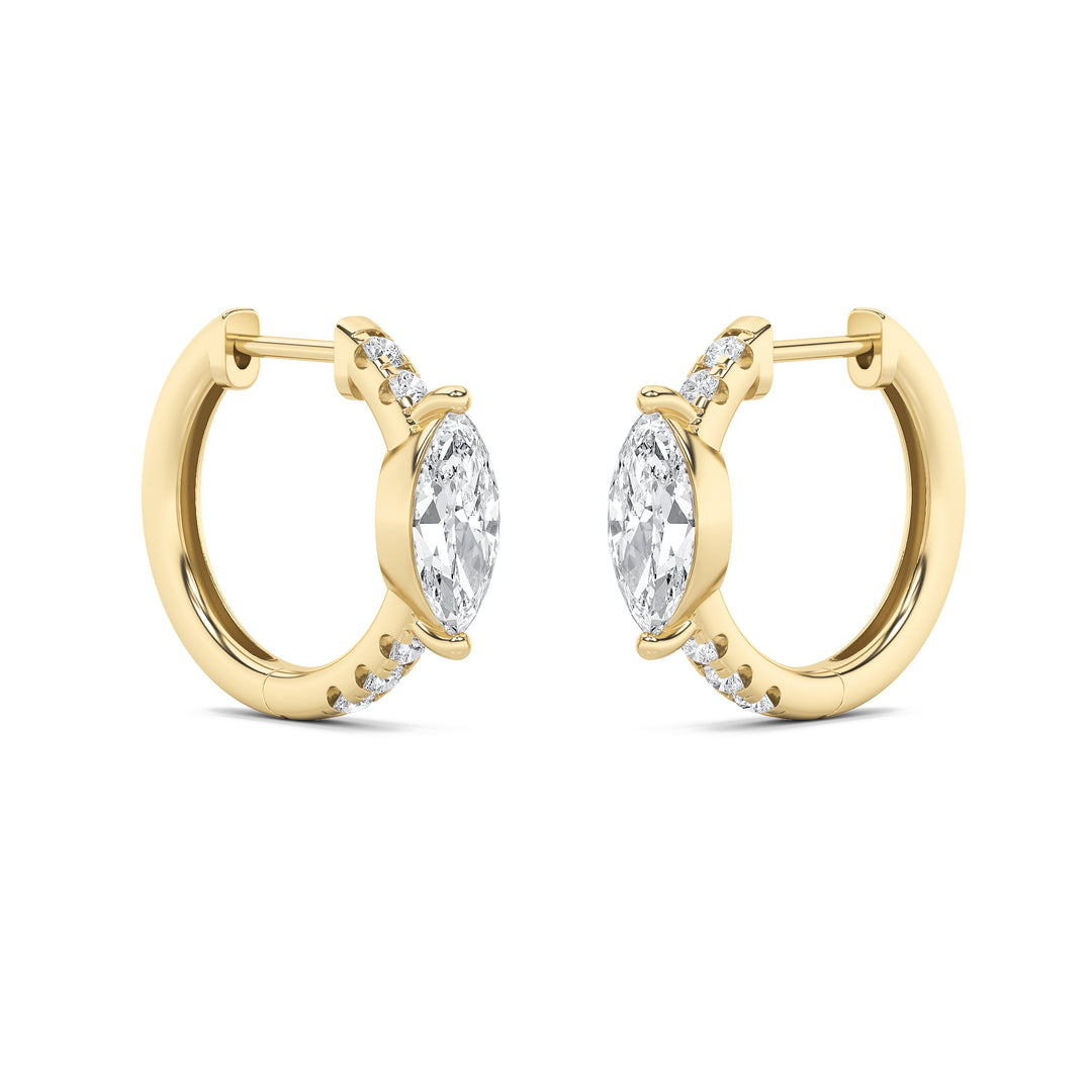 1.5CTW Marquise Shaped Lab Grown Diamond (F/VS) Solitare Accent Huggie Earrings in 14K  Yellow Gold