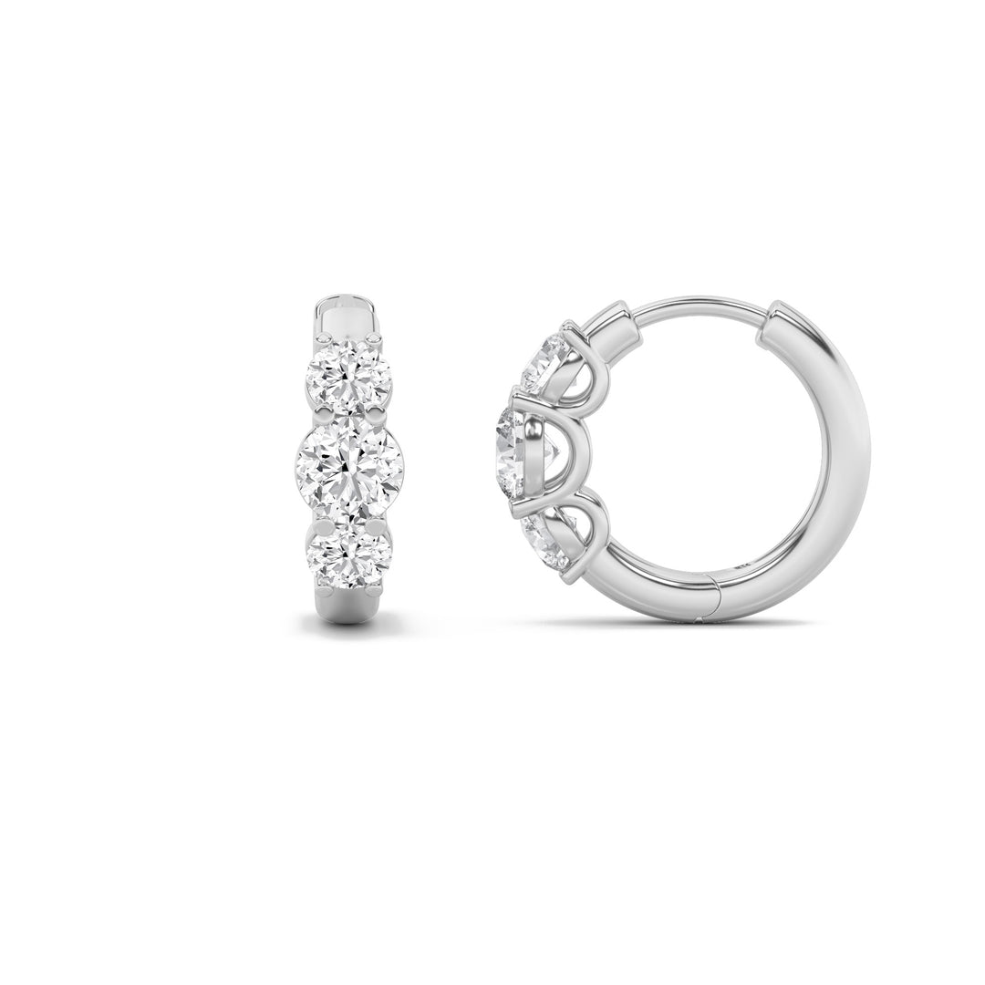 2Cttw Round Shaped Lab Grown Diamond (F/VVS) Three Stone Huggie Earrings in 14K Gold