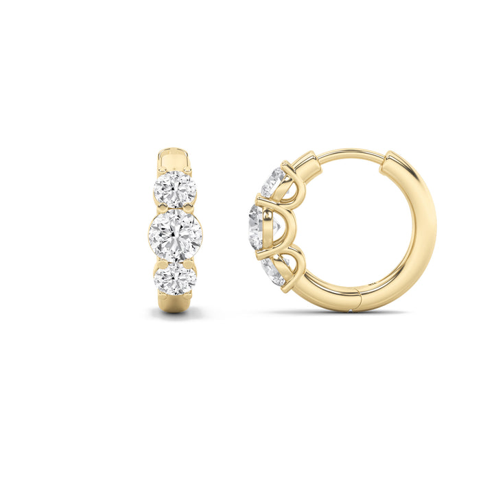 2Cttw Round Shaped Lab Grown Diamond (F/VVS) Three Stone Huggie Earrings in 14K Gold