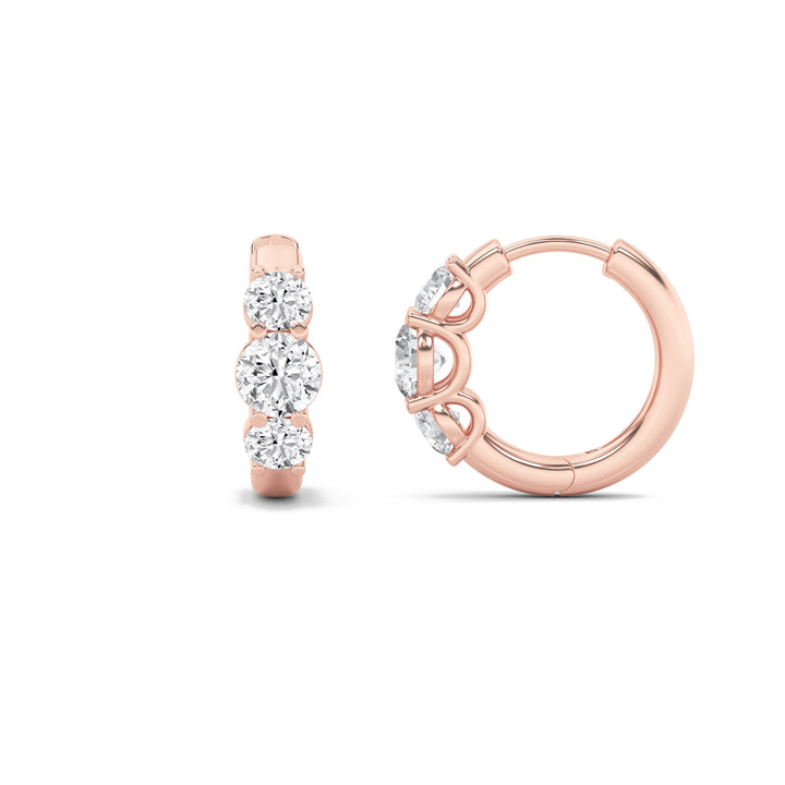 2Cttw Round Shaped Lab Grown Diamond (F/VVS) Three Stone Huggie Earrings in 14K Gold