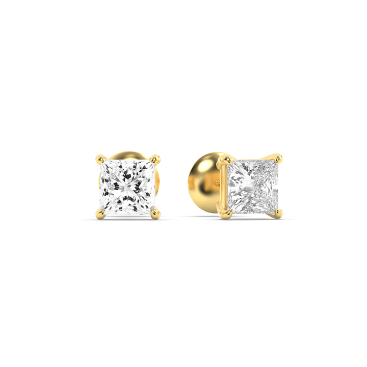 3CTW Princess Shaped Lab Grown Diamond (F/VS) Classic Basket Set Stud Earrings in 14K Gold