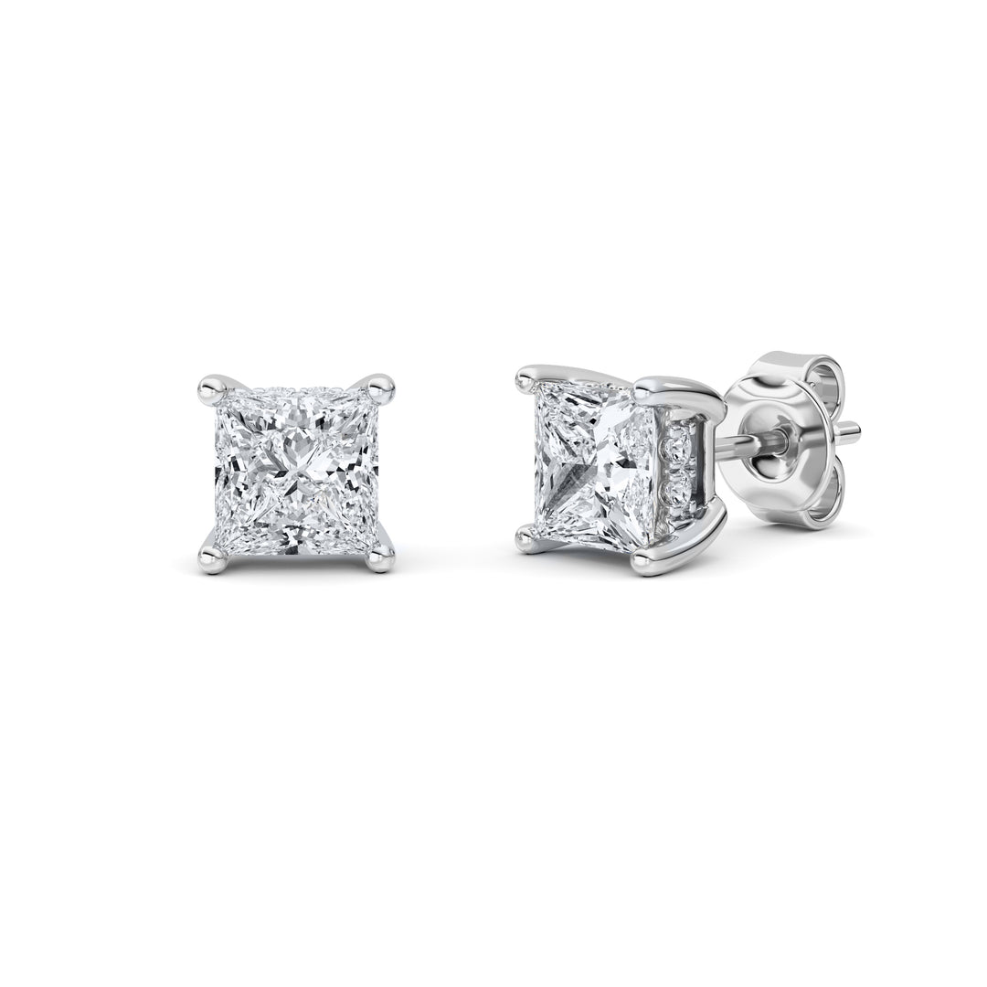 2CTW Princess Shaped Lab Grown Diamond (F/VS) Hidden Halo Stud Earrings in 14K Gold