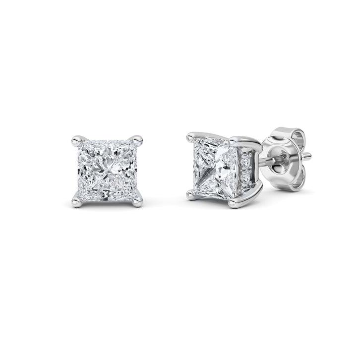 2CTW Princess Shaped Lab Grown Diamond (F/VS) Hidden Halo Stud Earrings in 14K Gold