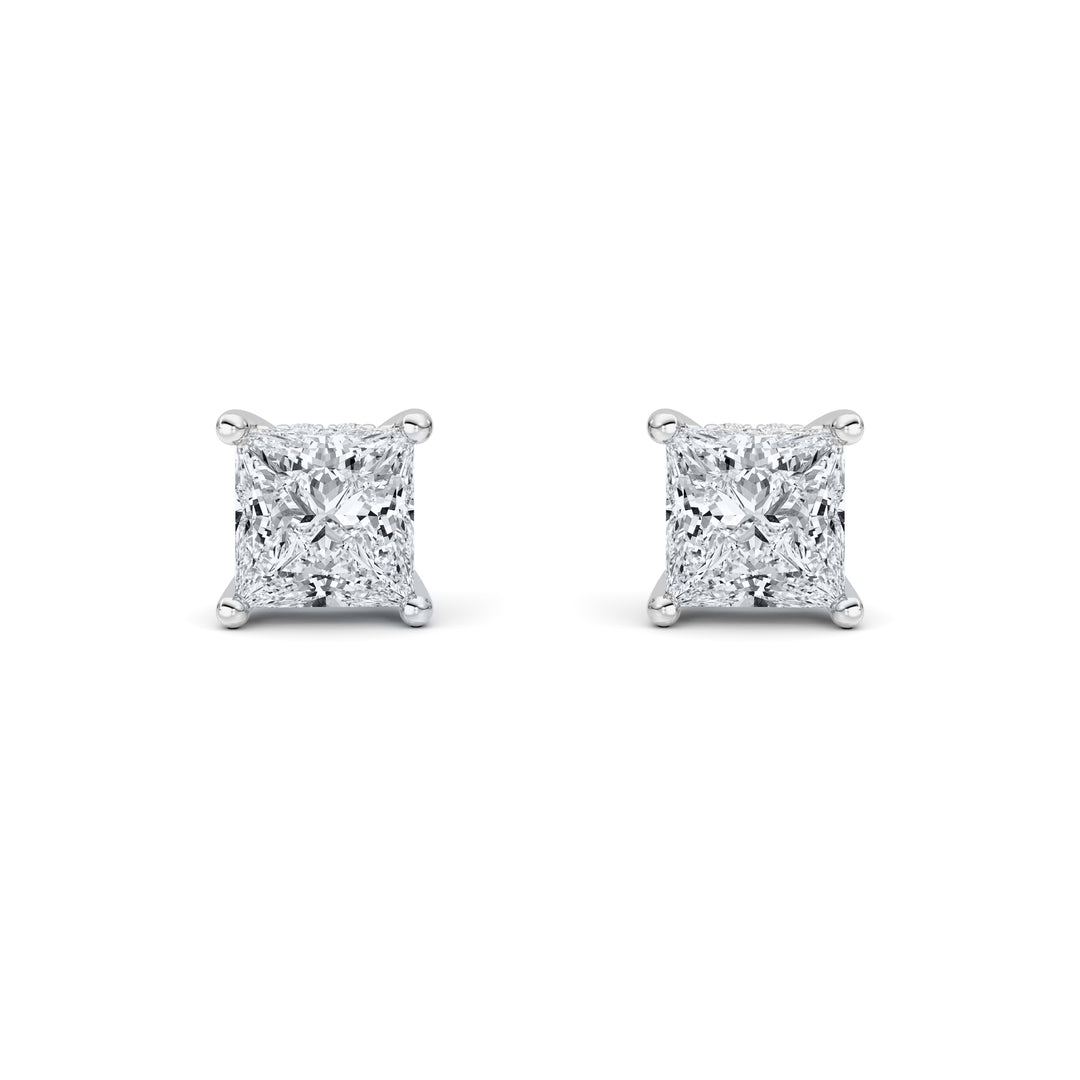 2CTW Princess Shaped Lab Grown Diamond (F/VS) Hidden Halo Stud Earrings in 14K Gold