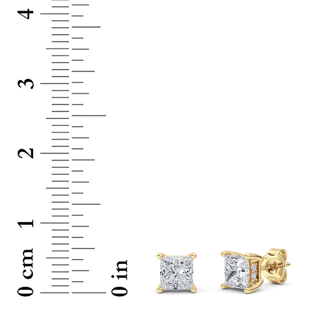 2CTW Princess Shaped Lab Grown Diamond (F/VS) Hidden Halo Stud Earrings in 14K Gold