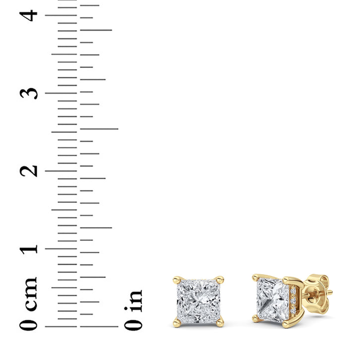 3CTW Princess Shaped Lab Grown Diamond (F/VS) Hidden Halo Stud Earrings in 14K Gold