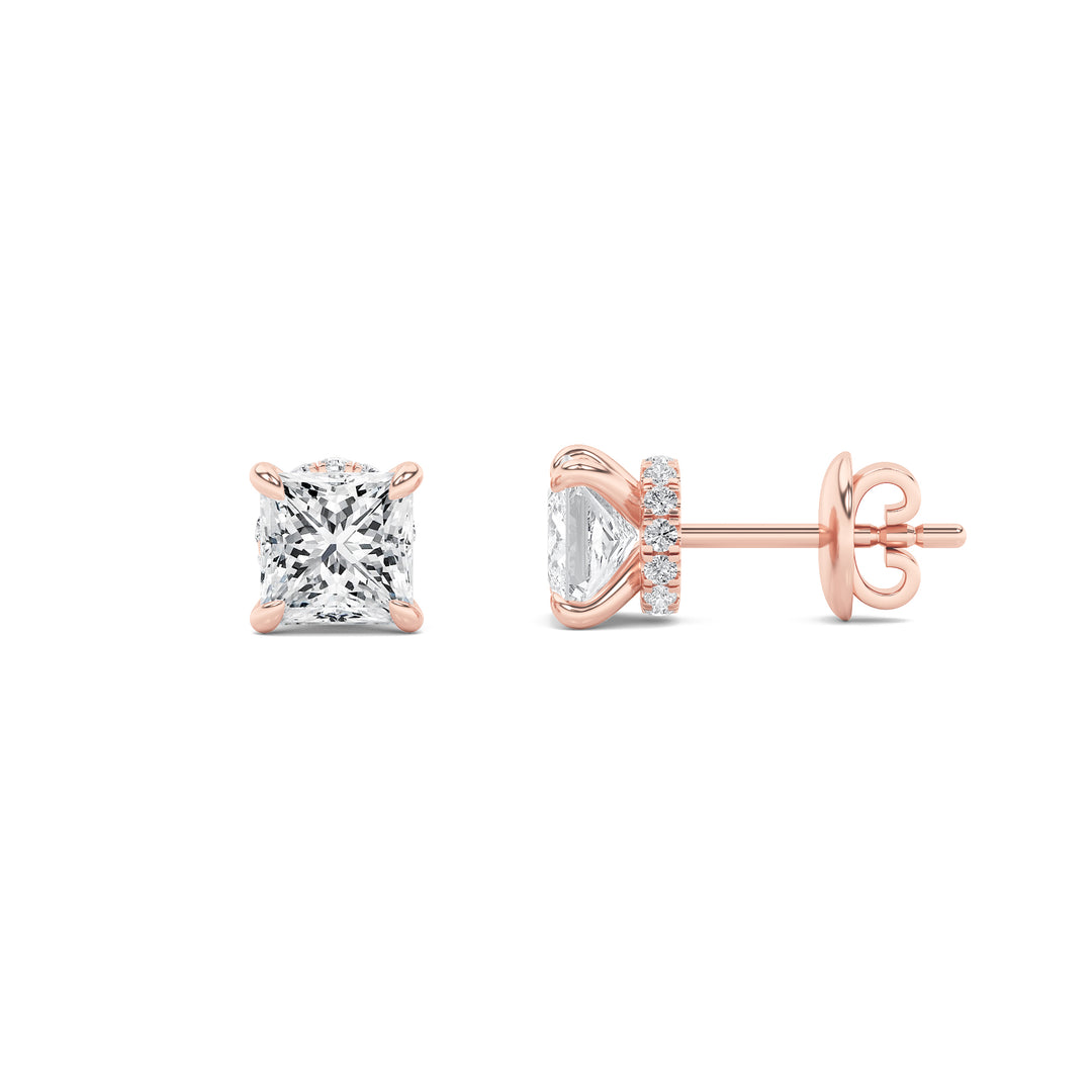 2CTW Princess Shaped Lab Grown Diamond (F/VS) Hidden Halo Stud Earrings in 14K Gold