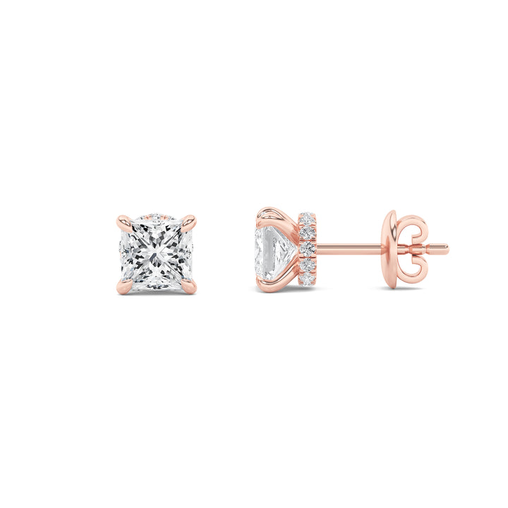 2CTW Princess Shaped Lab Grown Diamond (F/VS) Hidden Halo Stud Earrings in 14K Gold