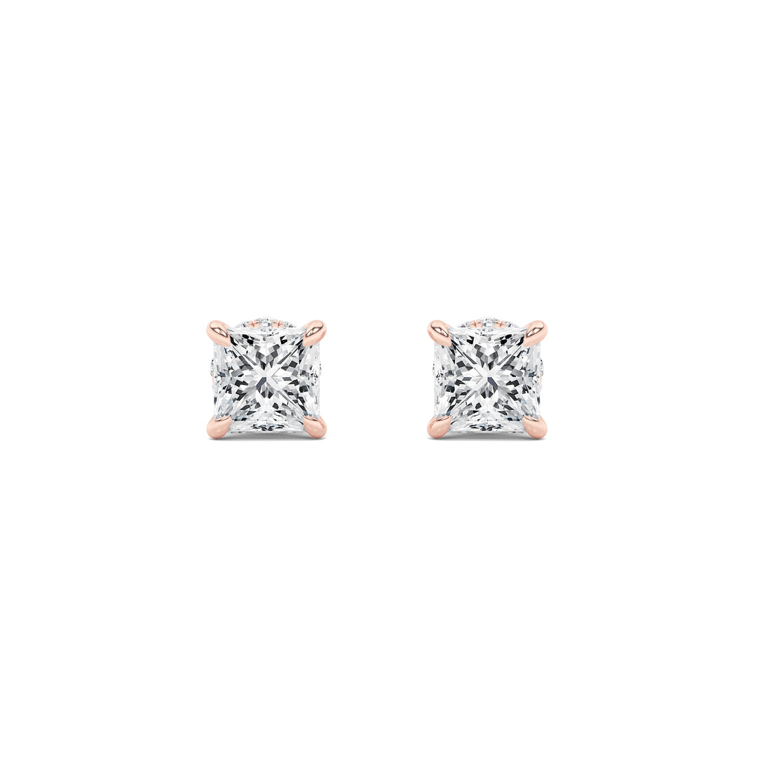 2CTW Princess Shaped Lab Grown Diamond (F/VS) Hidden Halo Stud Earrings in 14K Gold