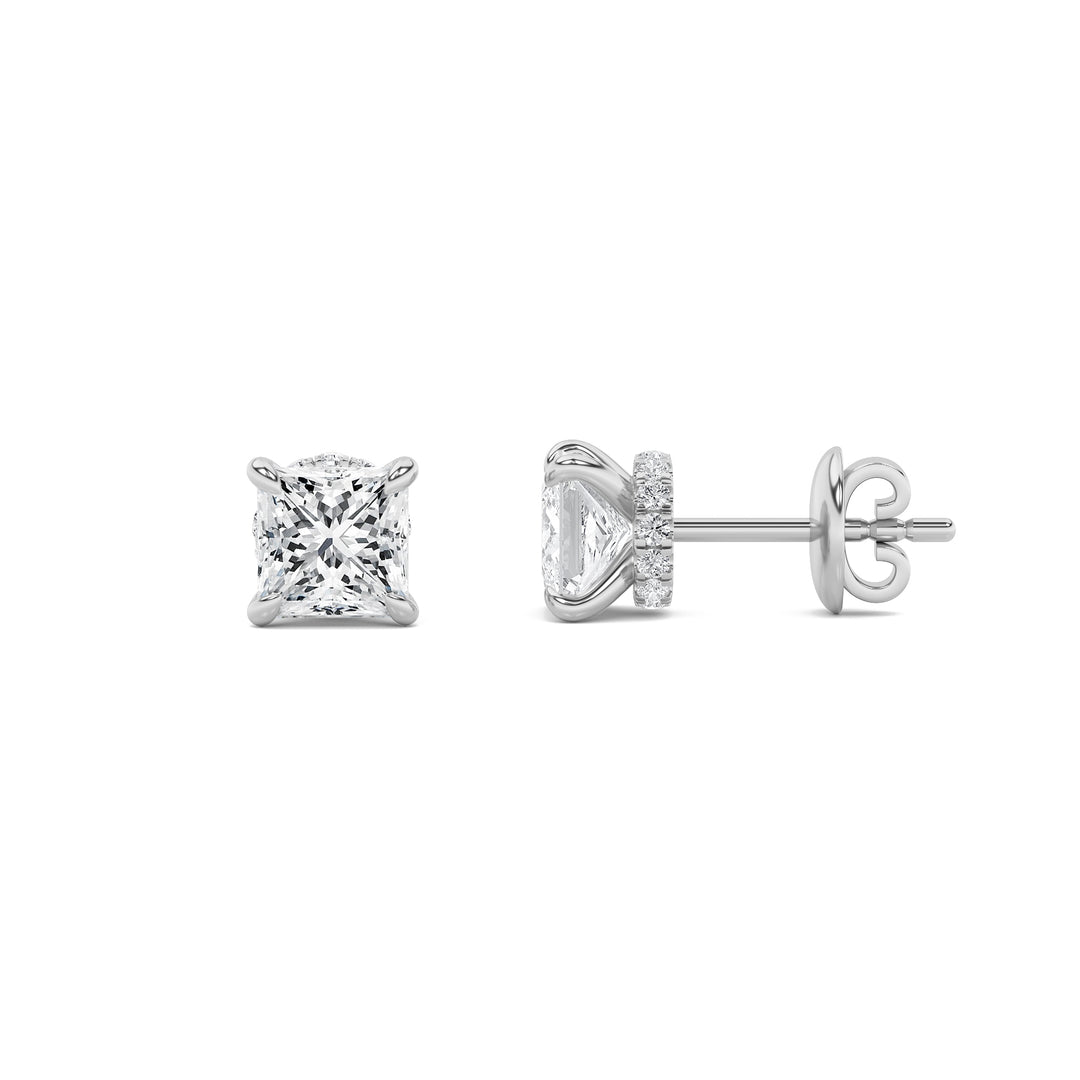 3CTW Princess Shaped Lab Grown Diamond (F/VS) Hidden Halo Stud Earrings in 14K Gold