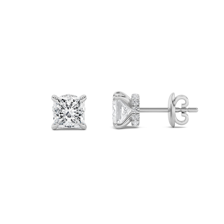 3CTW Princess Shaped Lab Grown Diamond (F/VS) Hidden Halo Stud Earrings in 14K Gold