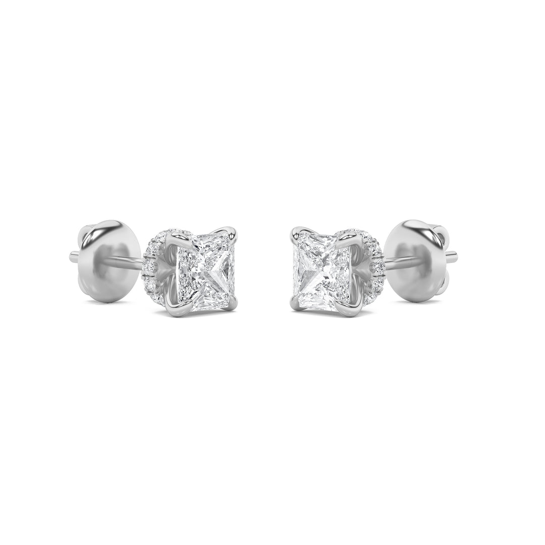 3CTW Princess Shaped Lab Grown Diamond (F/VS) Hidden Halo Stud Earrings in 14K Gold