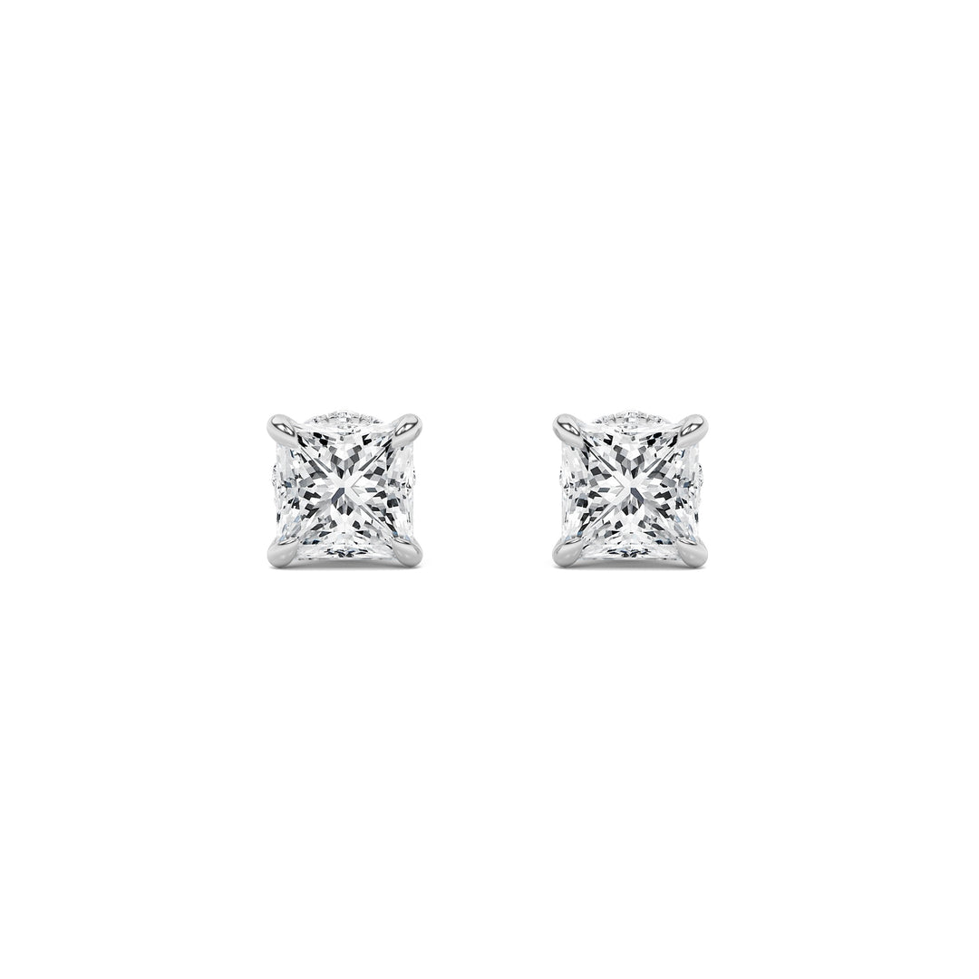 3CTW Princess Shaped Lab Grown Diamond (F/VS) Hidden Halo Stud Earrings in 14K Gold