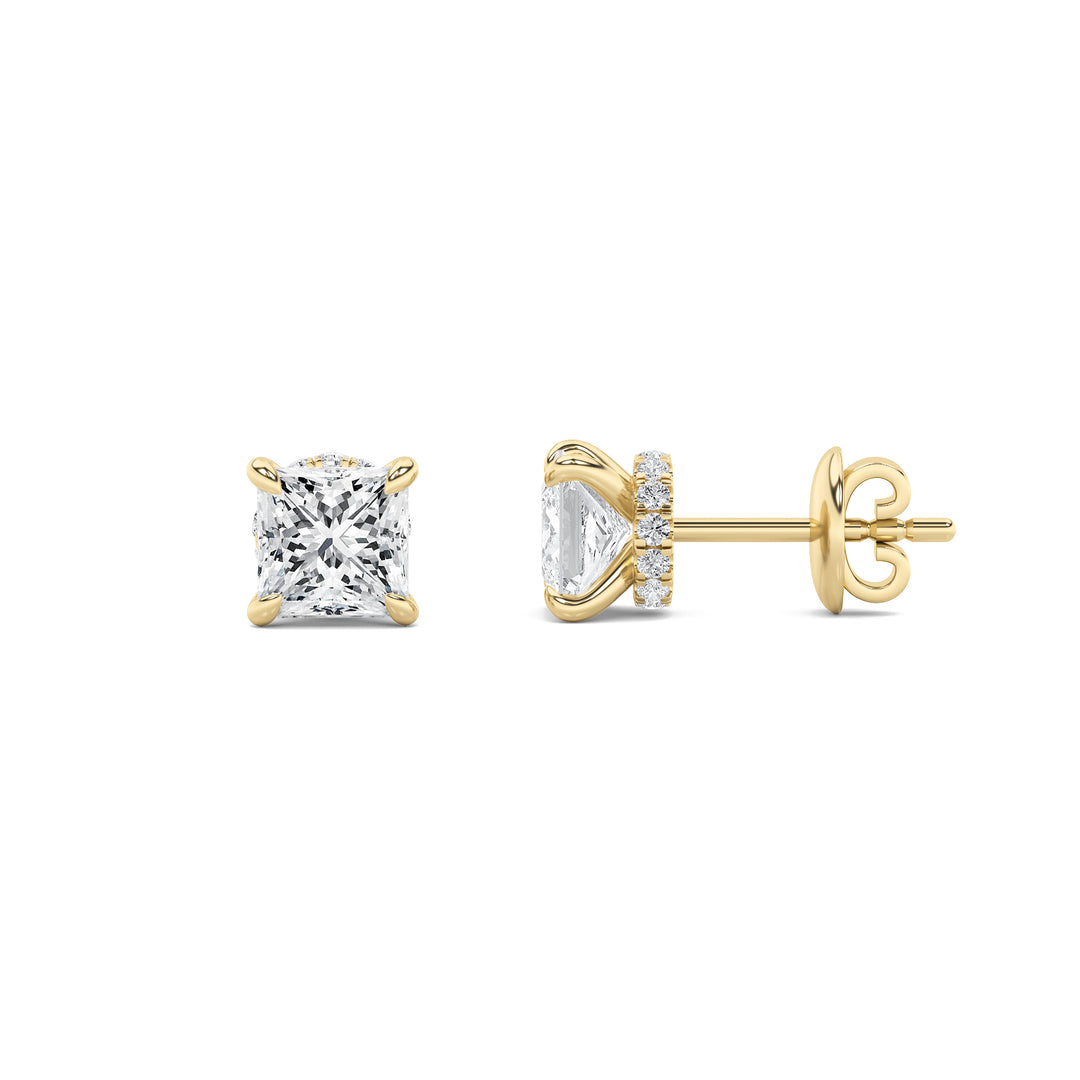 3CTW Princess Shaped Lab Grown Diamond (F/VS) Hidden Halo Stud Earrings in 14K Gold