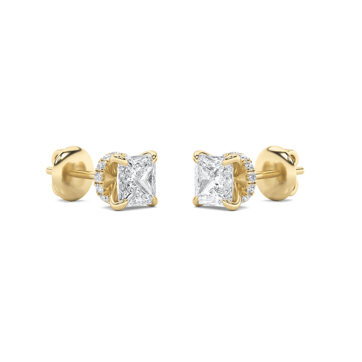 3CTW Princess Shaped Lab Grown Diamond (F/VS) Hidden Halo Stud Earrings in 14K Gold