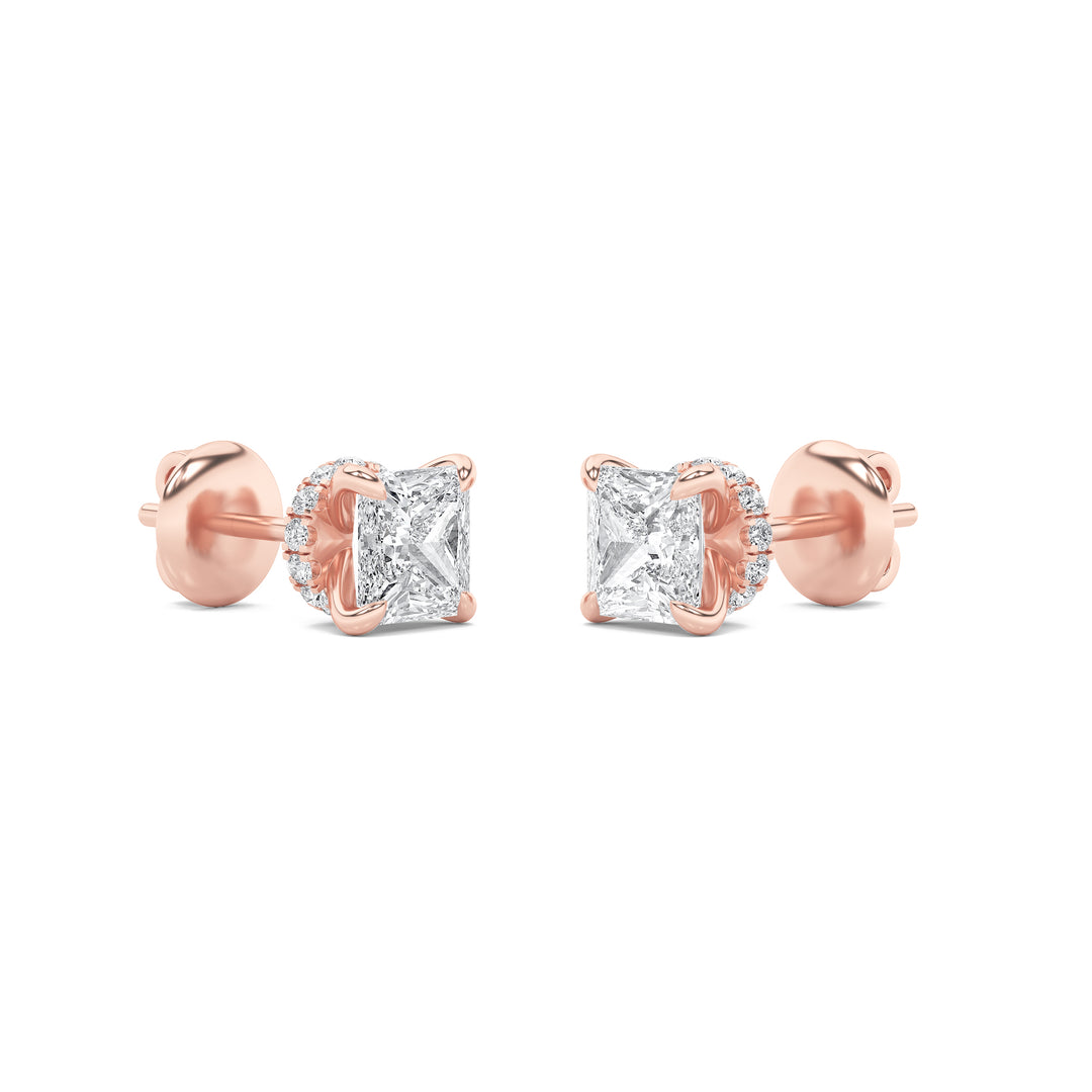 5Cttw Princess Shaped Lab Grown Diamond (F/VS) Hidden Halo Stud Earrings in 14K Gold