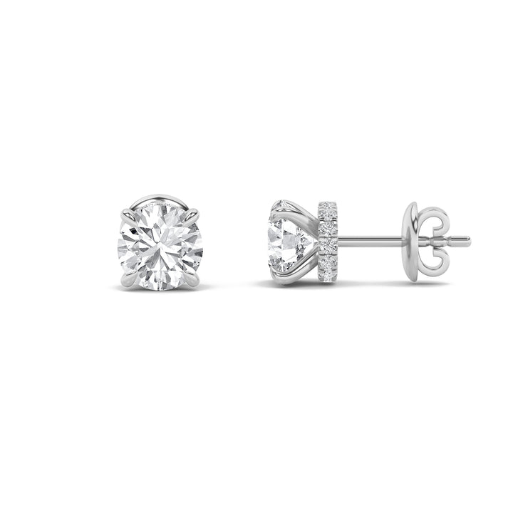 2CTW Round Shaped Lab Grown Diamond (F/VVS) Hidden Halo Stud Earrings in 14K Gold