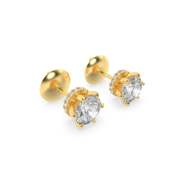 3Cttw Round Shaped Lab Grown Diamond (F/VS) Hidden Halo Stud Earrings in 14K Gold