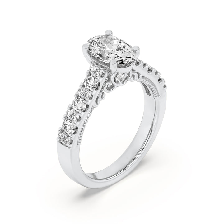 2Cttw Oval Shaped Lab Grown Diamond (F/VS) Accented Milgrain Engagement Ring in 14K Gold