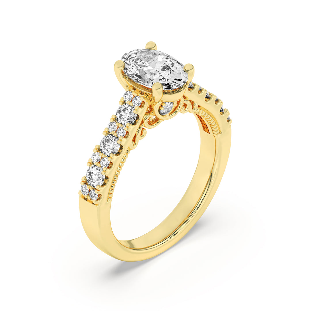 2Cttw Oval Shaped Lab Grown Diamond (F/VS) Accented Milgrain Engagement Ring in 14K Gold