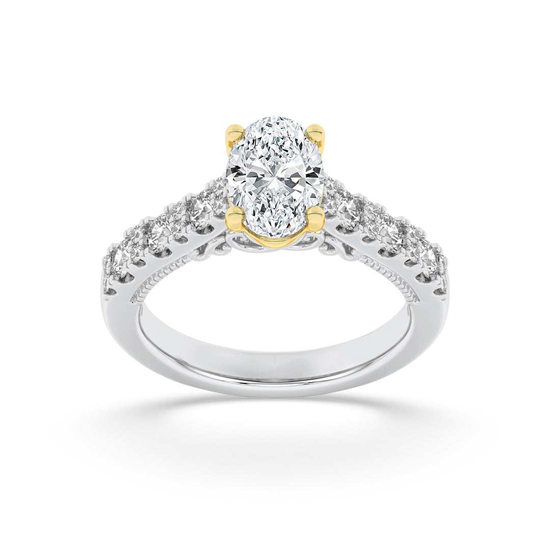2Cttw Oval Shaped Lab Grown Diamond (F/VS) Accented Milgrain Engagement Ring in 14K Gold