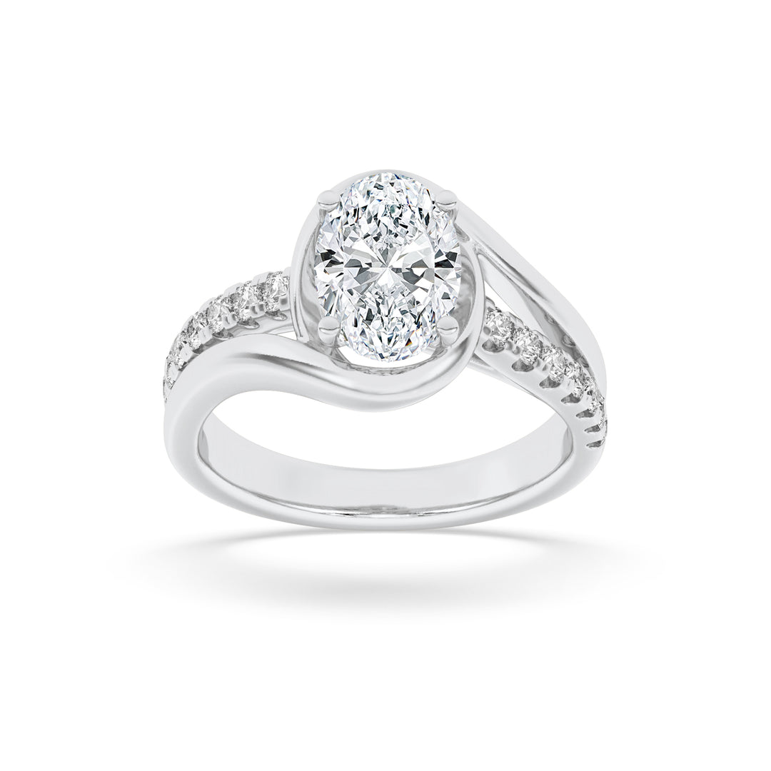 2Cttw Oval Shaped Lab Grown Diamond (G/VS) Swirl Shank Accented Engagement Ring in 14K Gold