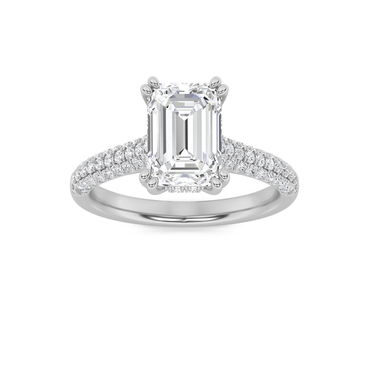 3Cttw Emerald Shaped Lab Grown Diamond (F/VS) Triple Row Accented Engagement Ring in 14K Gold