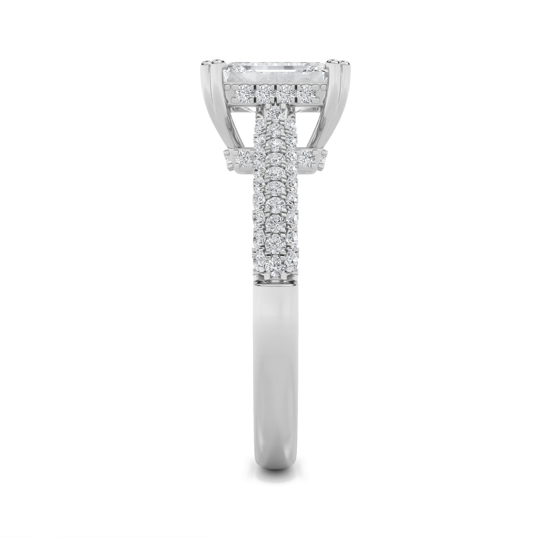 3Cttw Emerald Shaped Lab Grown Diamond (F/VS) Triple Row Accented Engagement Ring in 14K Gold