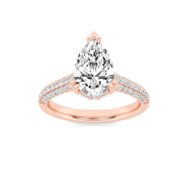 3Cttw Pear Shaped Lab Grown Diamond (F/VS) TripleRow Accented Engagement Ring in 14K Gold