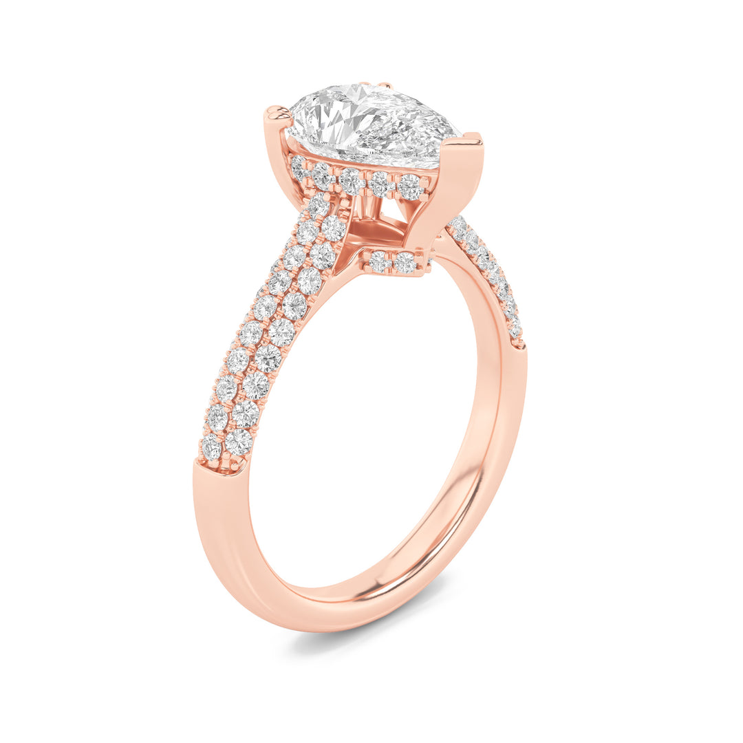 3Cttw Pear Shaped Lab Grown Diamond (F/VS) TripleRow Accented Engagement Ring in 14K Gold