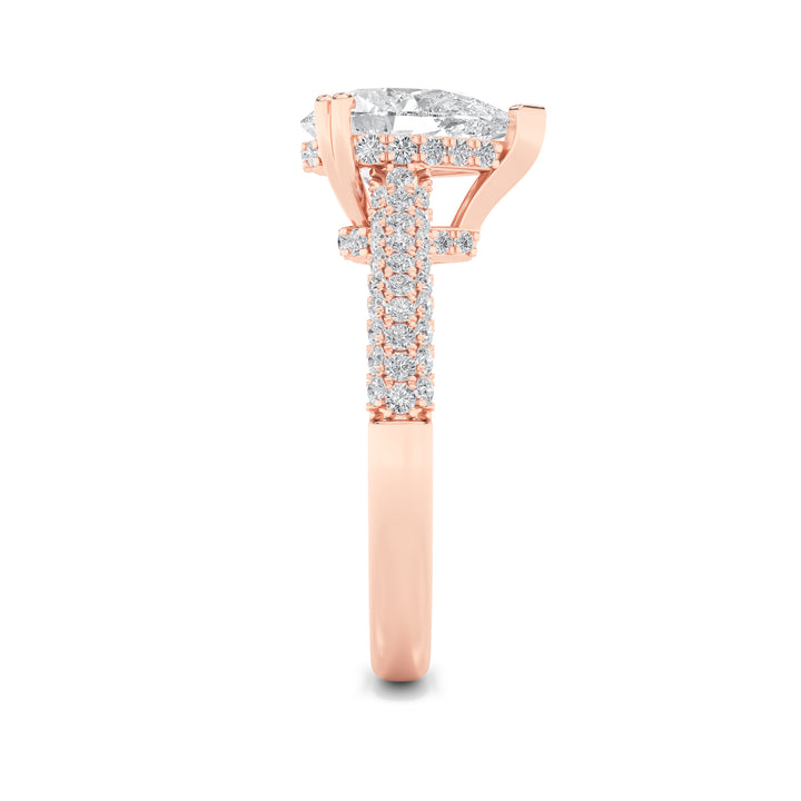 3Cttw Pear Shaped Lab Grown Diamond (F/VS) TripleRow Accented Engagement Ring in 14K Gold