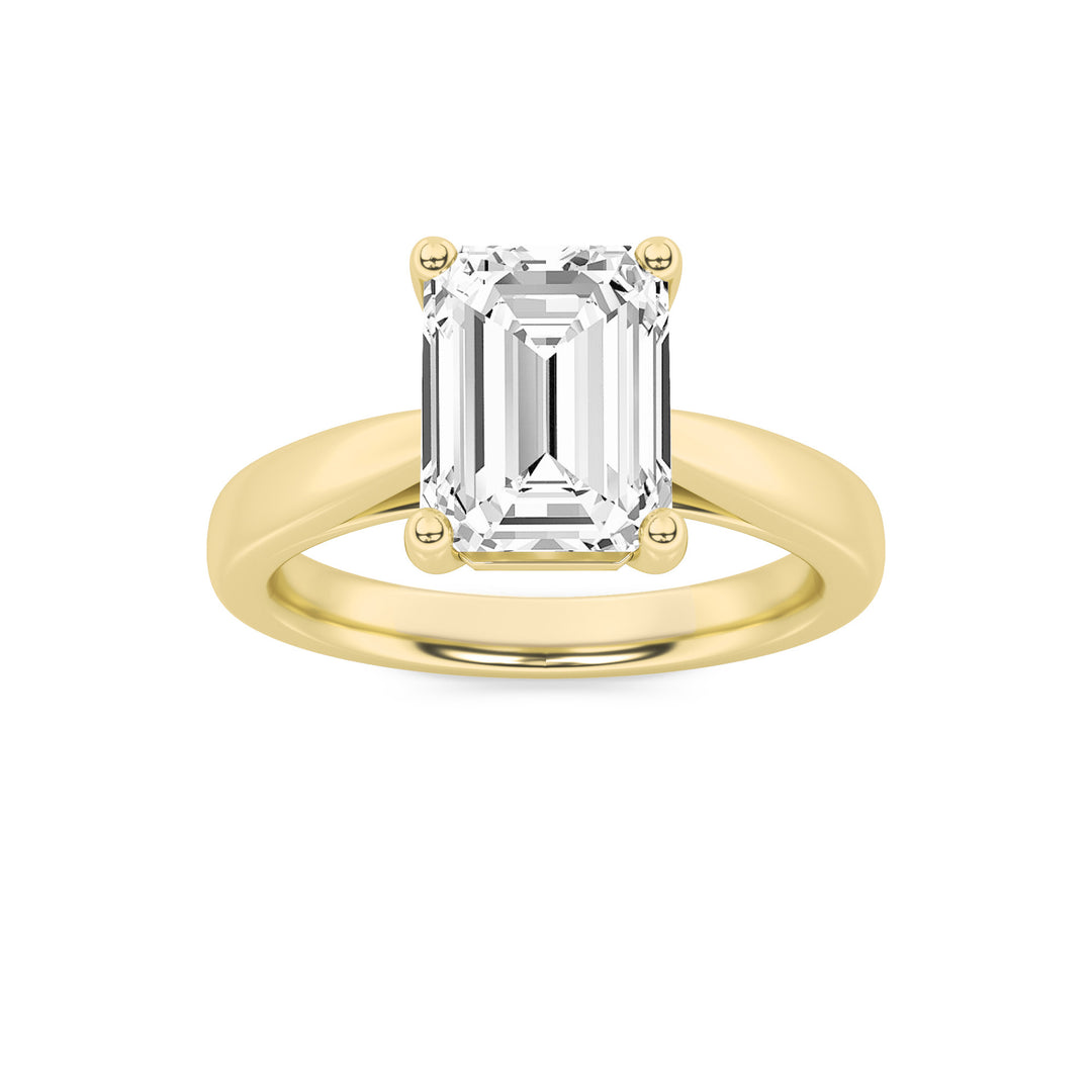 3Cttw Emerald Shaped Lab Grown Diamond (F/VS) Plain Cathedral Trellis Shank Solitaire Engagement Ring in 14K Gold