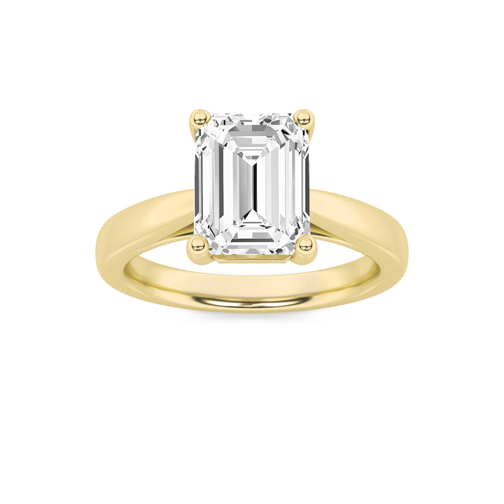 3Cttw Emerald Shaped Lab Grown Diamond (F/VS) Plain Cathedral Trellis Shank Solitaire Engagement Ring in 14K Gold