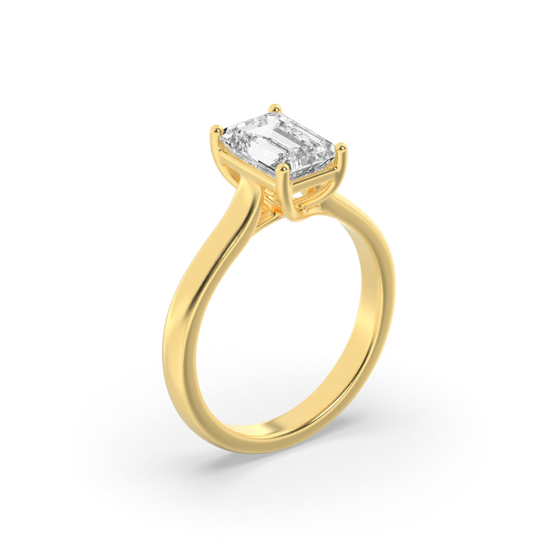 3Cttw Emerald Shaped Lab Grown Diamond (F/VS) Plain Cathedral Trellis Shank Solitaire Engagement Ring in 14K Gold
