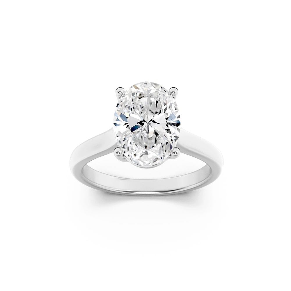 1CTW Oval Shaped Lab Grown Diamond (F/VS) Plain Cathedral Trellis Shank Solitaire Engagement Ring in 14K Gold
