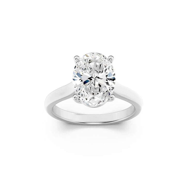 1.5CTW Oval Shaped Lab Grown Diamond (F/VS) Plain Cathedral Trellis Shank Solitaire Engagement Ring in 14K Gold