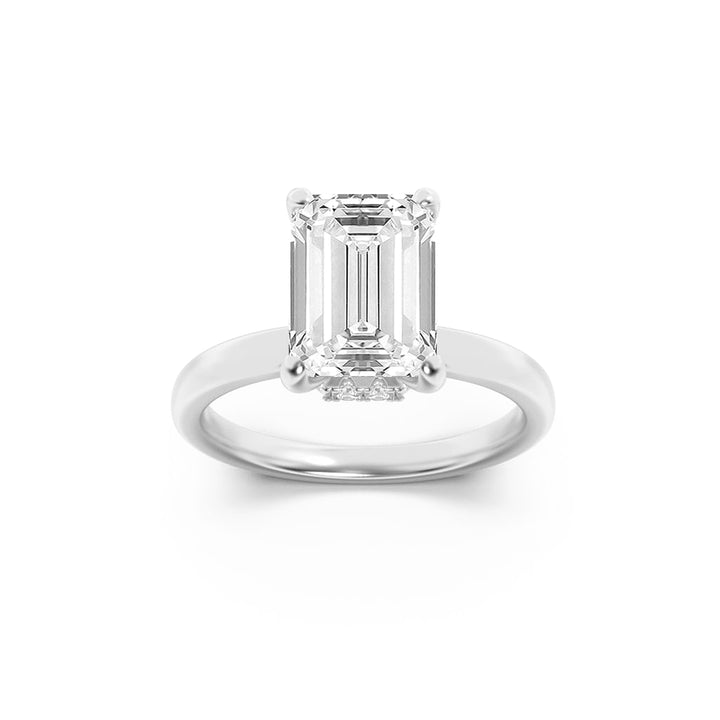 1CTW Emerald Shaped Lab Grown Diamond (F/VS) Hidden Halo Plain Shank Engagement Ring in 14K Gold