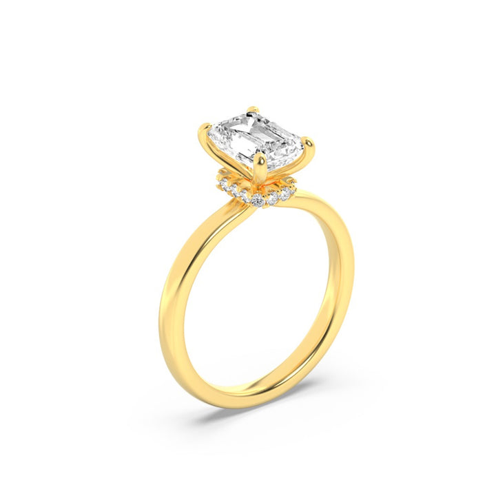 1CTW Emerald Shaped Lab Grown Diamond (F/VS) Hidden Halo Plain Shank Engagement Ring in 14K Gold