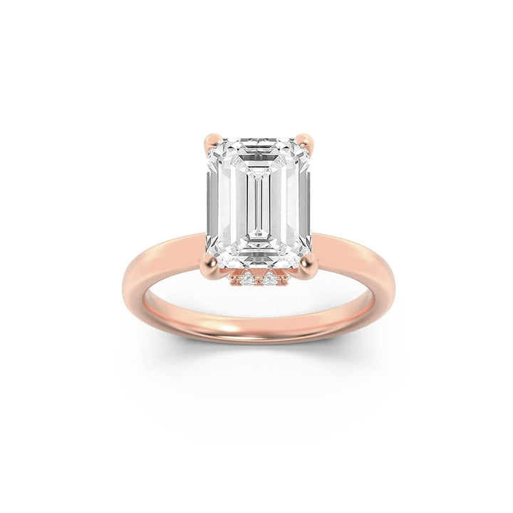 1CTW Emerald Shaped Lab Grown Diamond (F/VS) Hidden Halo Plain Shank Engagement Ring in 14K Gold