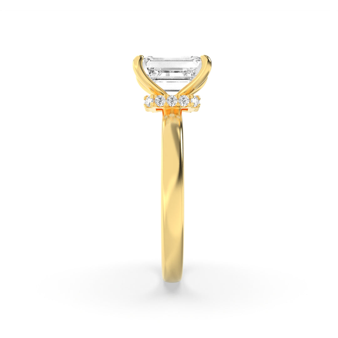 2Cttw Emerald Shaped Lab Grown Diamond (F/VS) Hidden Halo Plain Shank Engagement Ring in 14K Gold