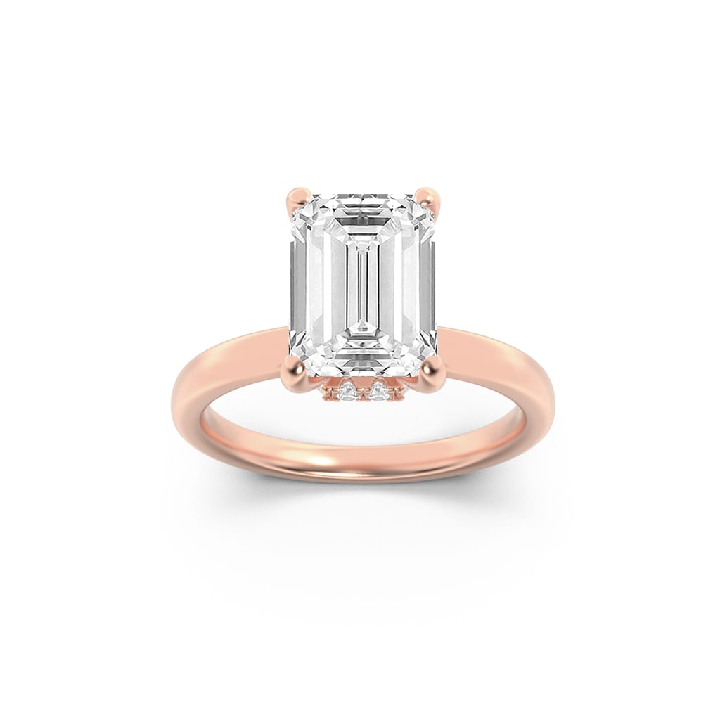 2Cttw Emerald Shaped Lab Grown Diamond (F/VS) Hidden Halo Plain Shank Engagement Ring in 14K Gold
