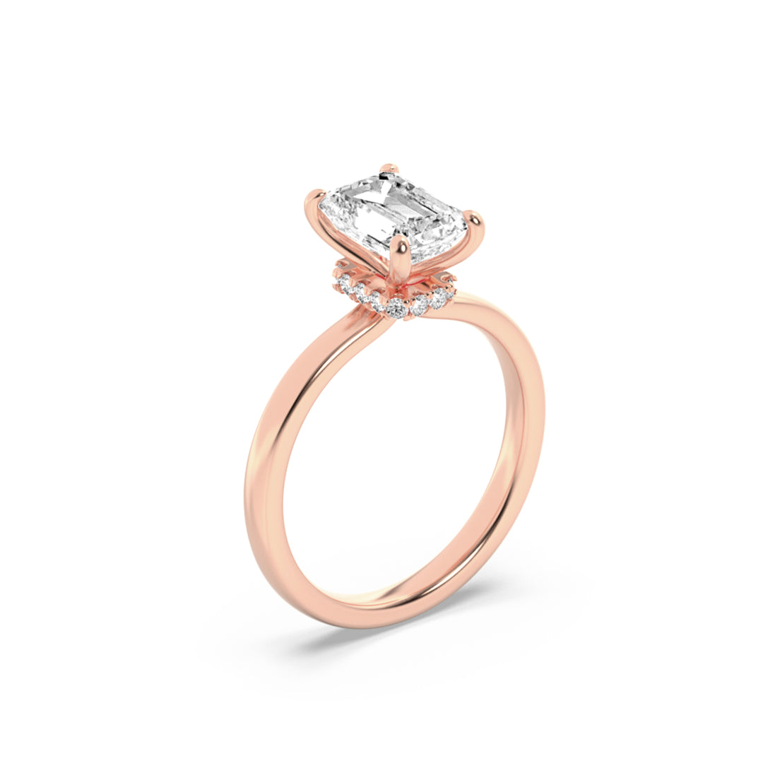 2Cttw Emerald Shaped Lab Grown Diamond (F/VS) Hidden Halo Plain Shank Engagement Ring in 14K Gold