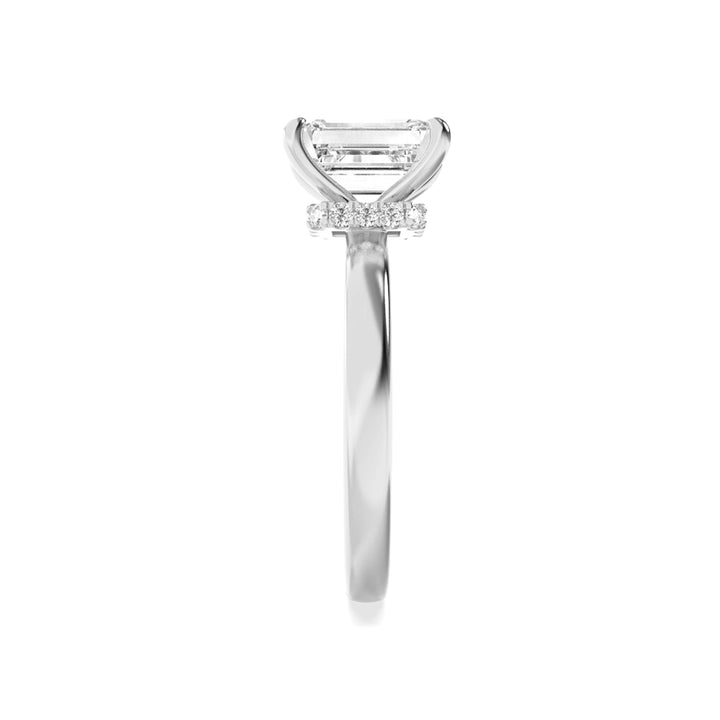 3Cttw Emerald Shaped Lab Grown Diamond (F/VS) Hidden Halo Plain Shank Engagement Ring in 14K Gold