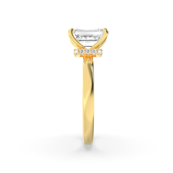 3Cttw Emerald Shaped Lab Grown Diamond (F/VS) Hidden Halo Plain Shank Engagement Ring in 14K Gold