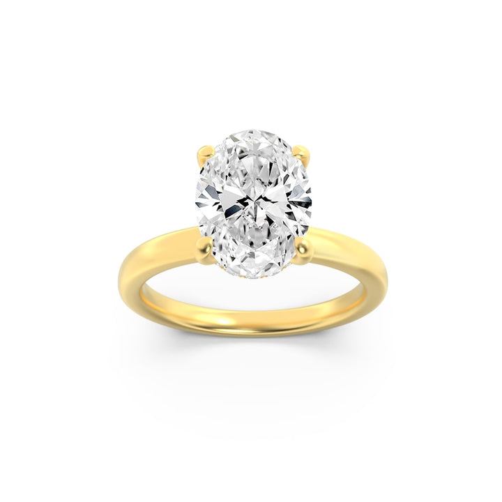 3Cttw Oval Shaped Lab Grown Diamond (F/VS) HiddenHalo Plain Shank Engagement Ring in 14K Gold