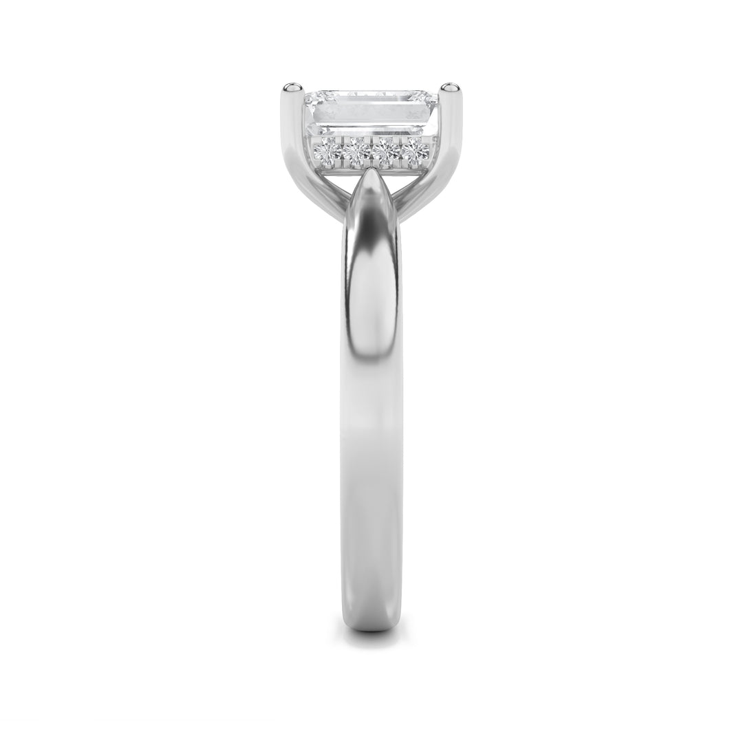 1CTW Emerald Shaped Lab Grown Diamond (F/VS) Hidden Halo Cathedral Shank Engagement Ring in 14K Gold