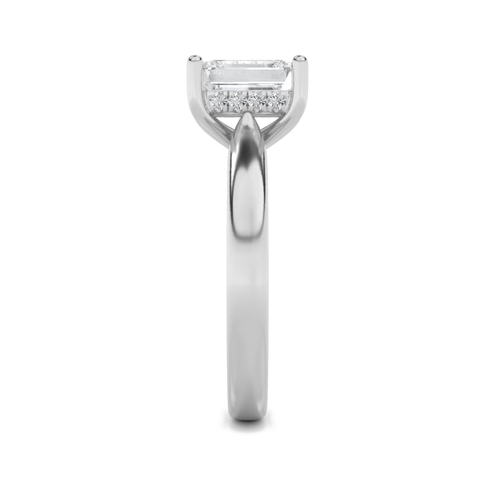 1CTW Emerald Shaped Lab Grown Diamond (F/VS) Hidden Halo Cathedral Shank Engagement Ring in 14K Gold