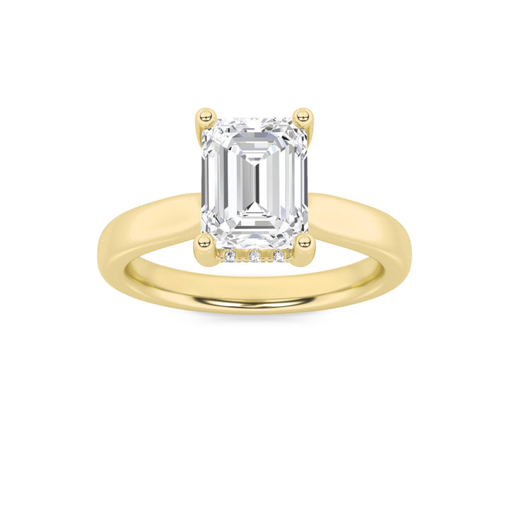 1CTW Emerald Shaped Lab Grown Diamond (F/VS) Hidden Halo Cathedral Shank Engagement Ring in 14K Gold