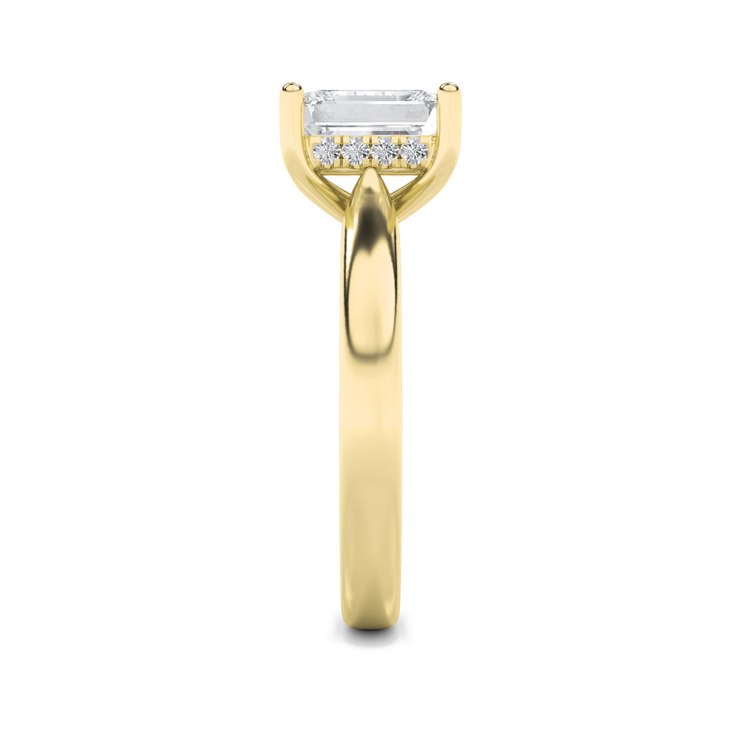 2Cttw Emerald Shaped Lab Grown Diamond (F/VS) Hidden Halo Cathedral Shank Engagement Ring in 14K Gold